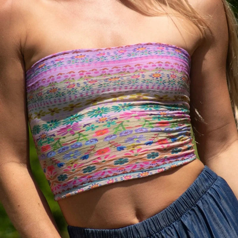 Summer Boho Bandeau Vest Cute Hiking Outfits Preppy Style Fitness Girl Strapless Tube Tops Graphic Print Off Shoulder Crop Tops