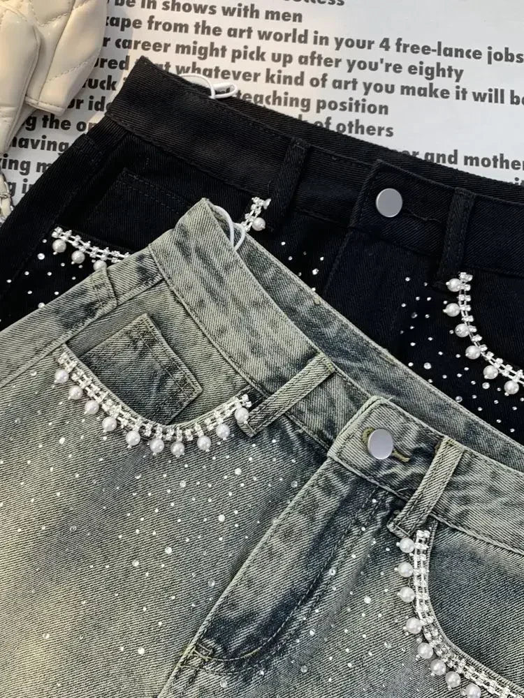 All-Match Heavy Embroidery Hot Drilling Pearl Vintage Blue Washed Denim Skirt High Waist Slimming Sense of Design A- line Skirt