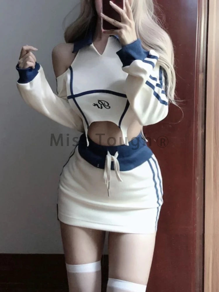 Autumn Sexy Spice Girls 2 Piece Set Women Casual Sports Design Sense Suit Women Short Off-the-shoulder Tops + High Waist  Skirt