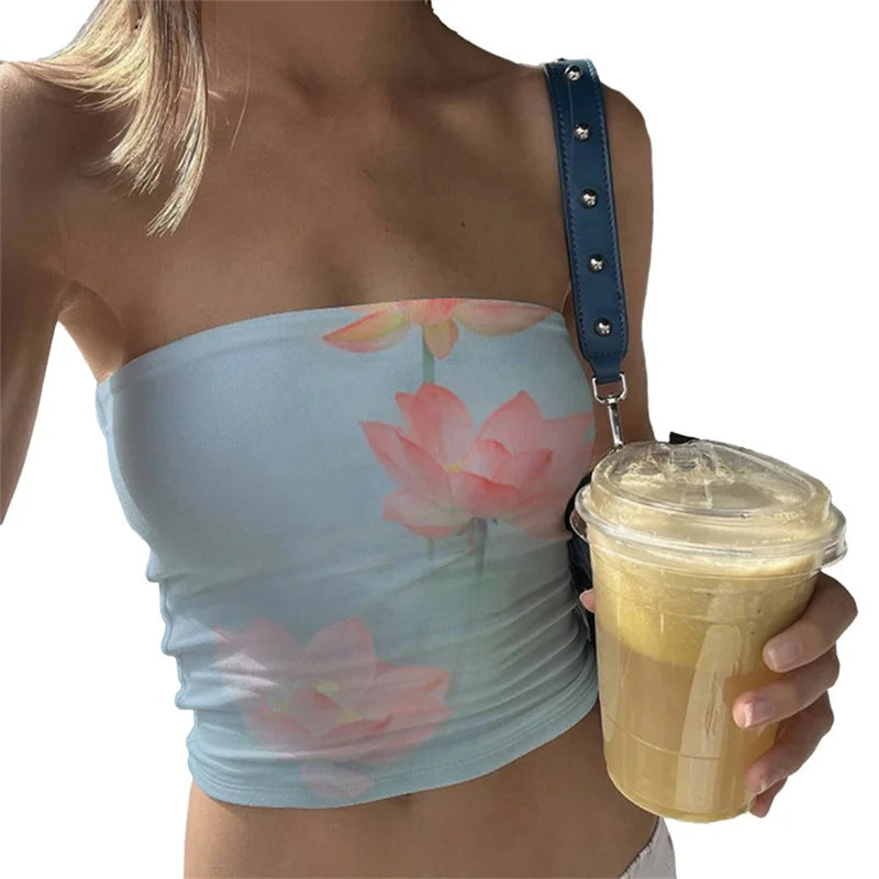 Tops de verão para mulheres com estampa floral e ombros de fora, sem alças, estilo bandeau, estética dos anos 2000, roupas y2k