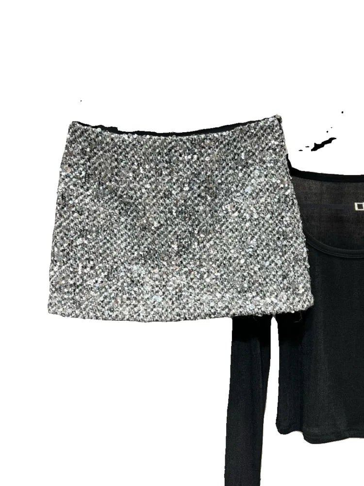 DEAT Trendy Fashion Women's Solid Color Sequins Woolen Skirt 2024 Winter New Items High Waist Wrap Hip Skirts Female 11XX7474