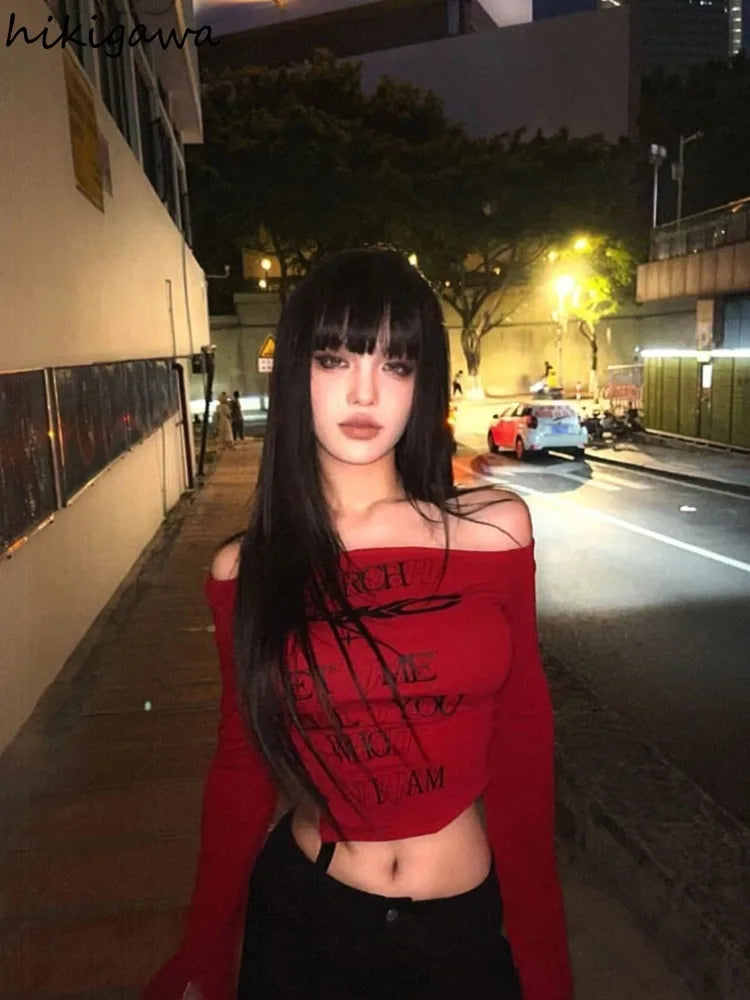 Red Sexy T Shirts 2024 Women Clothing Long Sleeve Slash Neck Tees Y2k Tops Letter Crop Tshirt Bandage Tunic T-shirts Ropa Mujer