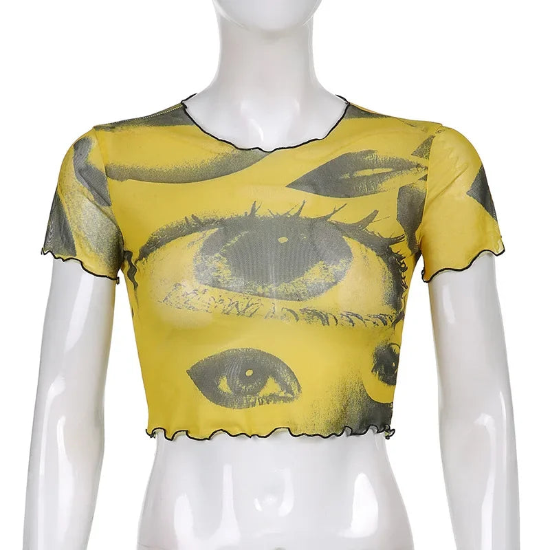 New Graphic T-shirt Women's Mesh Big Eye Print Fungus Edge Fashion Casual Harajuku Short Cropped Navel Y2K Top T-shirt