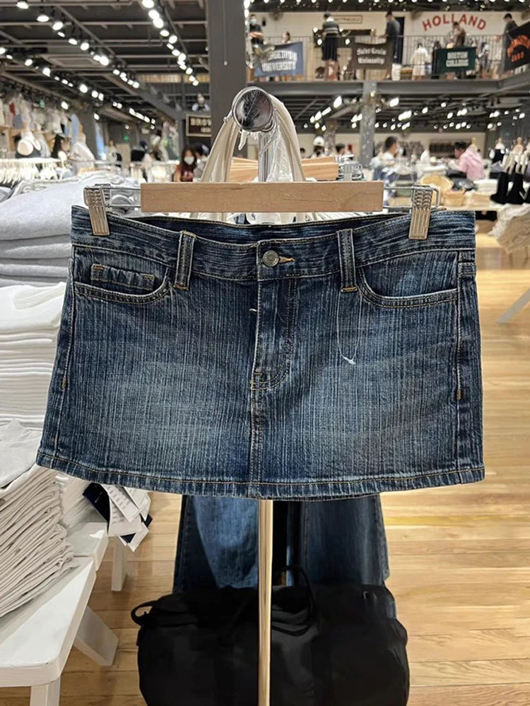 Vintage Azul Cintura Baixa Denim Saias Casual Chique Bolsos A-line Verão Mini Saias Mulheres Y2k Streetwear Harajuku Slim Faldas 2023