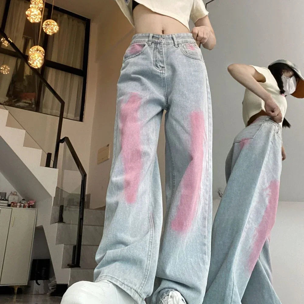 Pants for Women High Waist Shot Blue Womens Jeans Straight Leg Trousers with Pockets Retro Fashion Casual Cool Stretched Cheap A