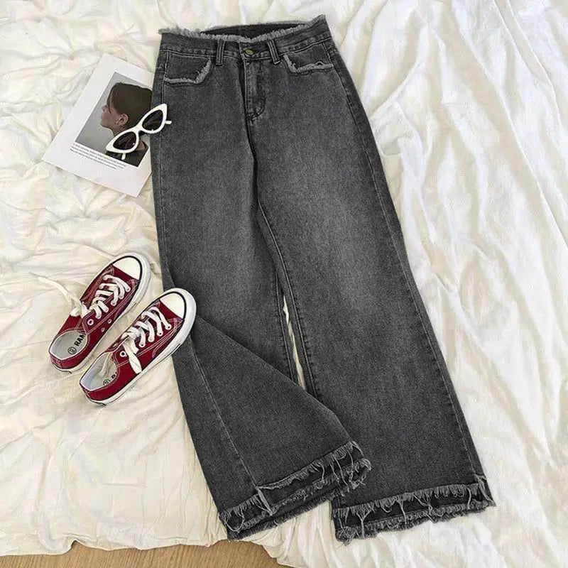 Korean Style White Loose Jeans Women Spring Summer High Waist Raw Edge Wide Leg Pants Fashion All-matched Thin Denim Long Pants