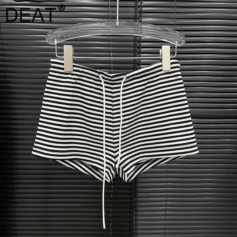 DEAT 2024 Autumn New Fashion Women's Striped Contrast Color Shorts Drawstring Design Elastic Casual Hot Pants Female 11A01024