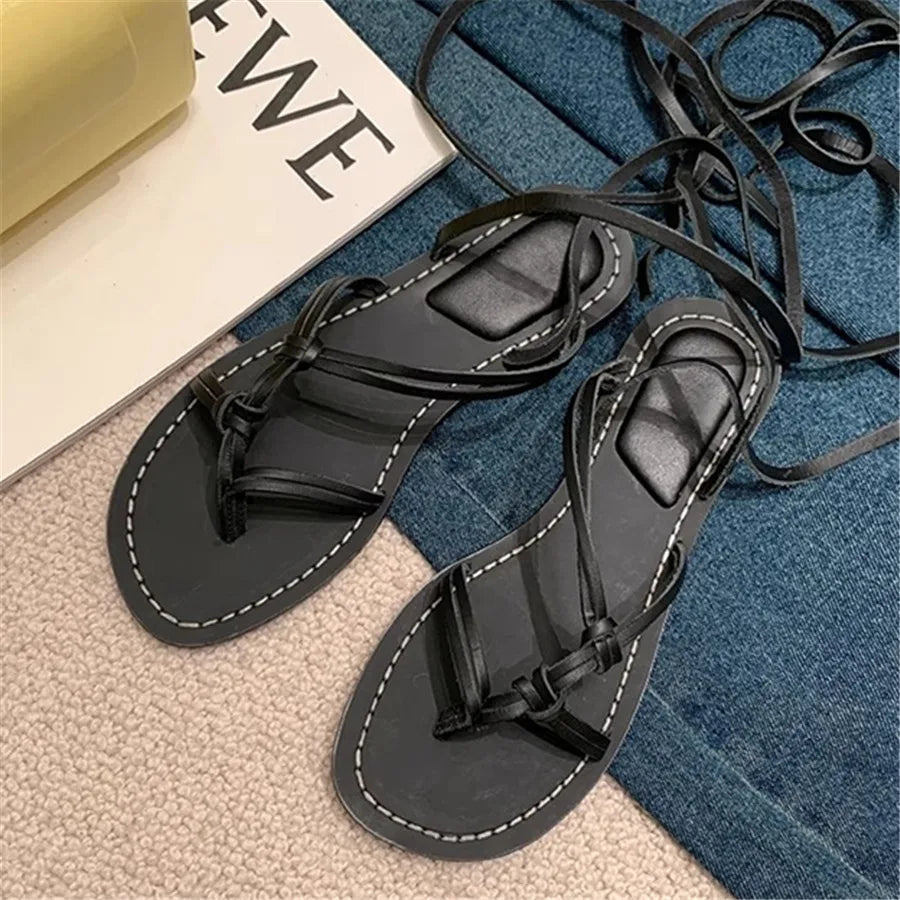 Women's Sandals Summer 2025 Ankle Strap Flip Flops Flat Beach Shoes Ladies Bohemia Casual Lace-up Gladiator Sandalias Mujer