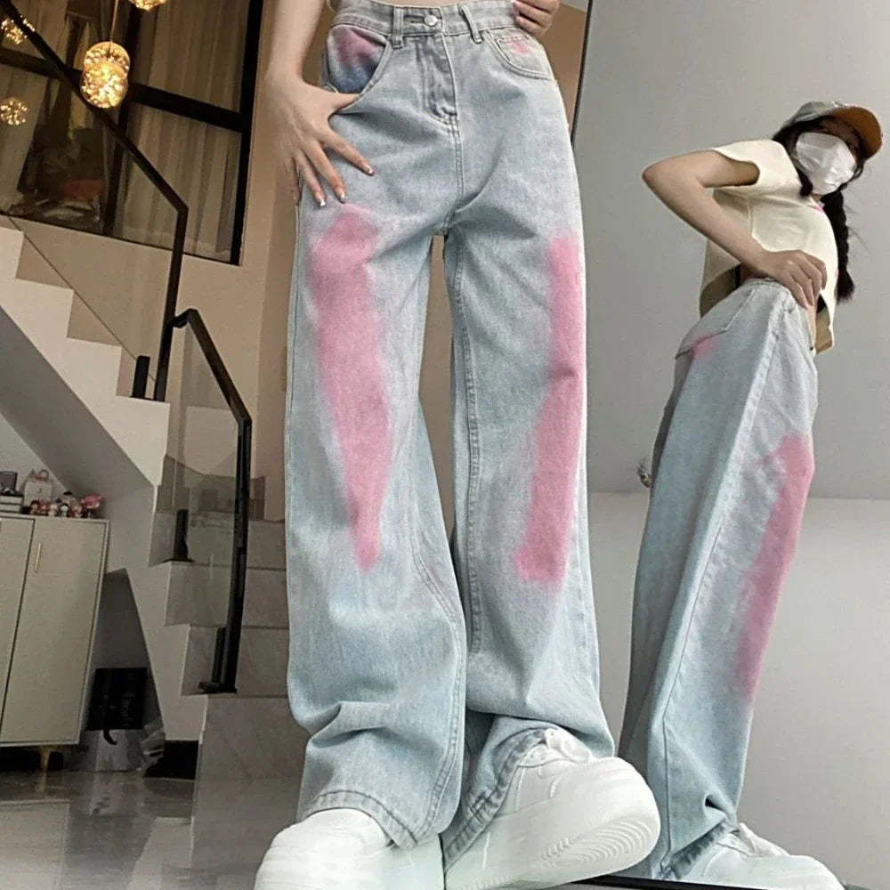 Pants for Women High Waist Shot Blue Womens Jeans Straight Leg Trousers with Pockets Retro Fashion Casual Cool Stretched Cheap A