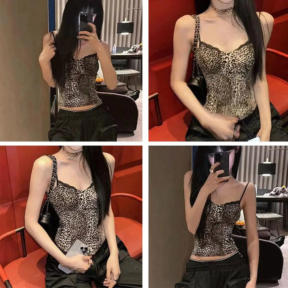 American Style Leopard Print Camisole Undershirt For Women Summer Hotsweet Sexy Slim Inner Wear Outside Short Aesthetic Cor C7E7