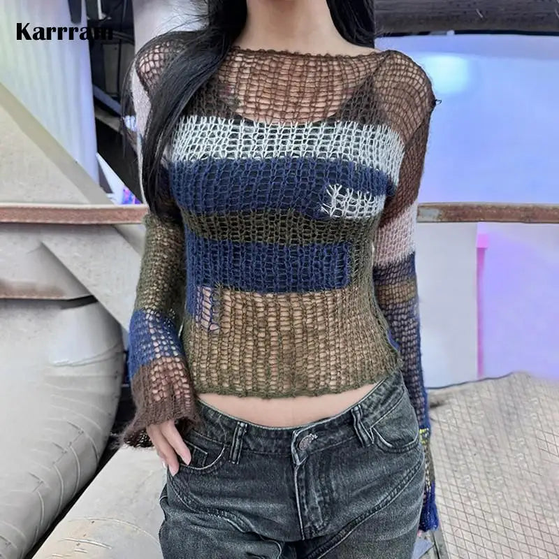 Karrram Y2k Aesthetics Crop Knit Tops Vintage Grunge Hollow Out Jumpers Japanese 2000s Hole Pullover Korean Dongdaemun Knitwear