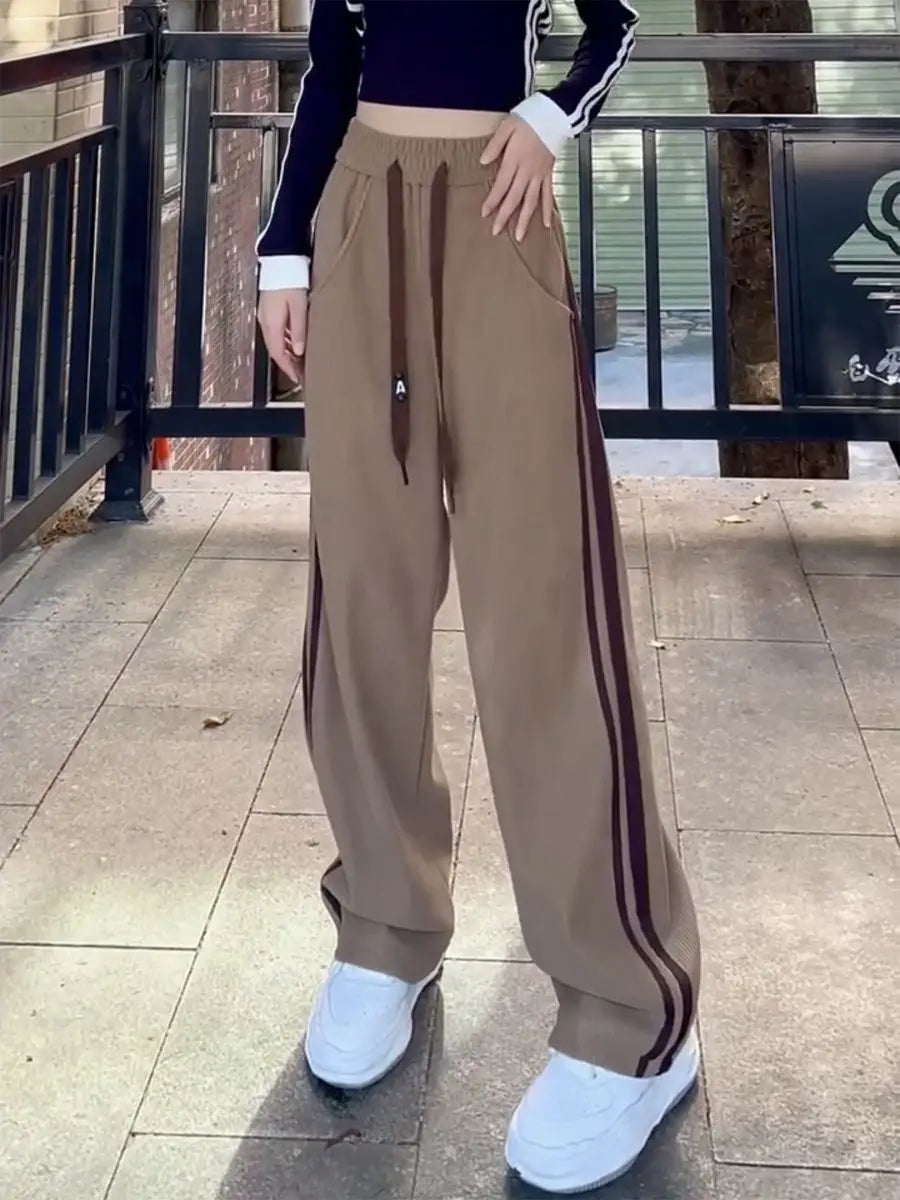 2023 Womens Summer New Solid Color Trousers Casual Drawstring High Waist Side Stripe Printing Patchwork Pockets Wide Leg Pants