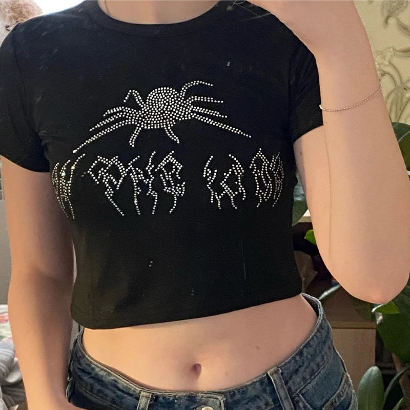 Spider Strass Verão Crop Tops Preto Y2k Streetwear Sexy Manga Curta Camisetas Justas Para Mulheres Slim Baby Tee 2000s Roupas