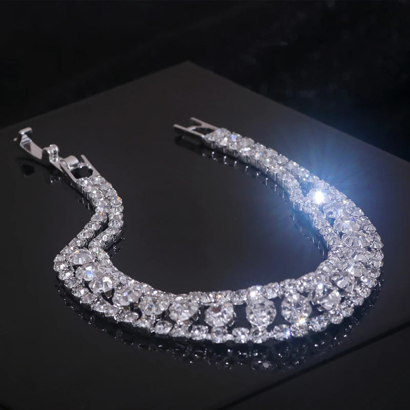 Pulseira de strass completa da moda para mulheres, pulseiras e braceletes de cristal de luxo brilhantes para noivas, joias de casamento de cor prata, presentes