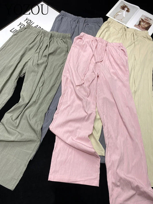 [YOZOU] Summer Thin Comfort Fluid Wide Leg Pants Pink Black Green Gray Khaki Trousers Oversized Loose Korean Solid Streetwear