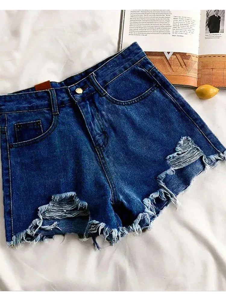 Moda Distressed Edge Cintura Alta Street Wear Mulheres Perna Larga Calças Quentes Verão Novos Shorts Jeans Casuais Femininos Estilo Coreano