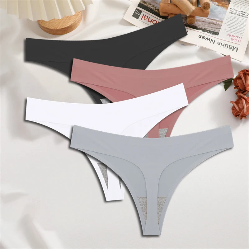 FINETOO 4PCS Silk Satin Seamless Underwear Low Waist Thongs Sexy Solid Color Bikini Underpants Female Stretch Intimates Lingerie