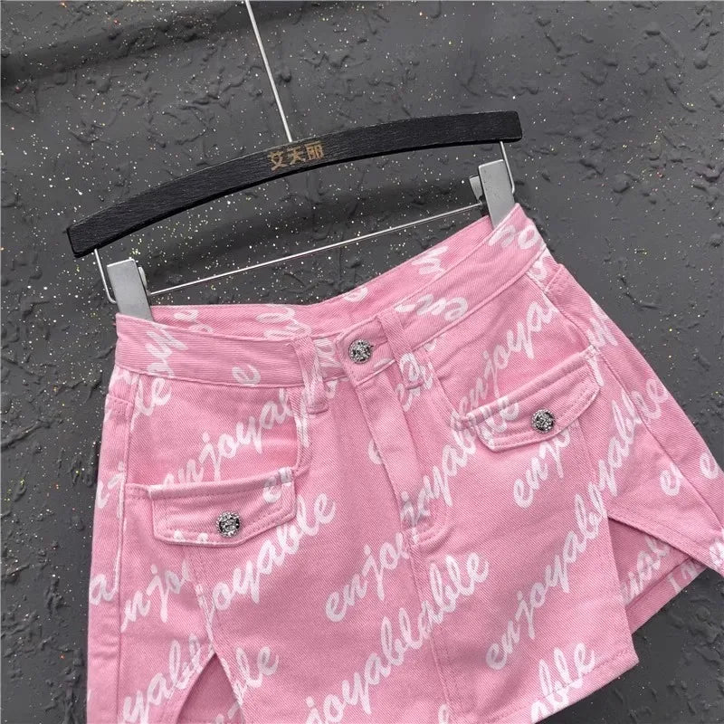 Women's Pink Slit A-line Denim Shorts Skirt 2024 Summer New High-waisted Slim Hip Skirt Korean Fashion Clothing