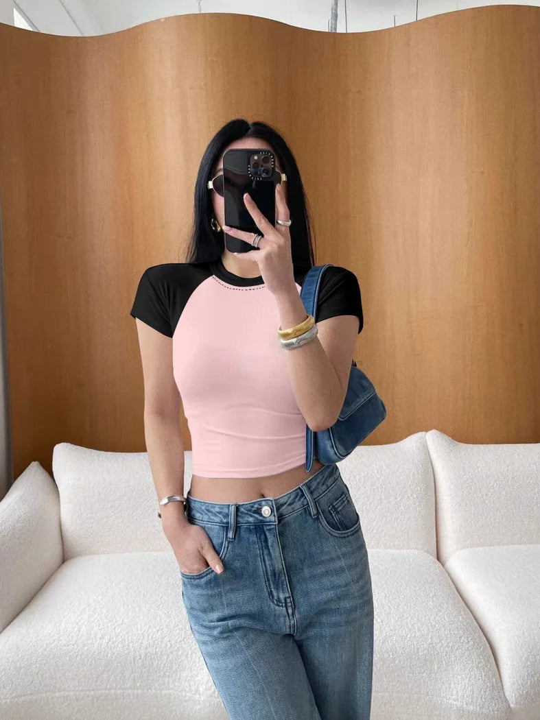 Solid Color Patchwork Short Style Kawaii Women Tops T-Shirt Clothes Crop Tees E-Girl Aesthetic Harajuku Round Neck Short Sleeve