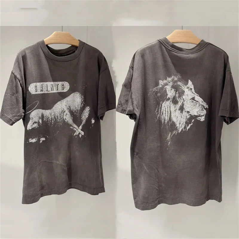 Jesus Graffiti print Saint T Shirt Men Women Retro Gray Washed T-Shirt Tee Tops