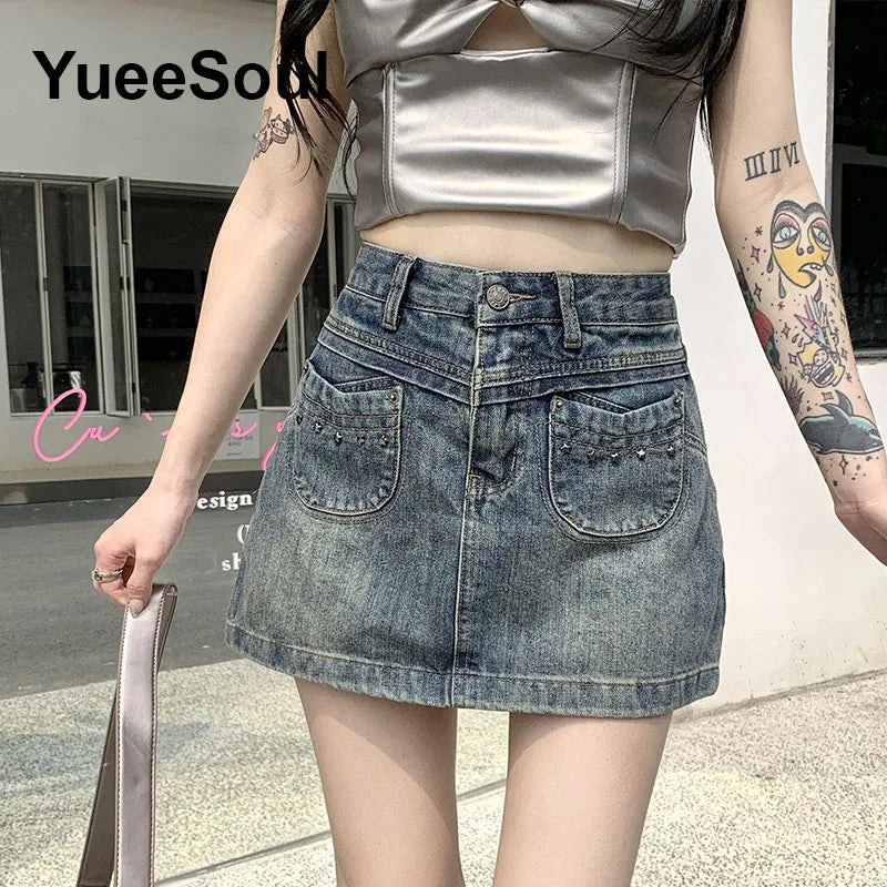 Blue Denim Skirt  A-Line High Waist Mini Skirt 2024 New Summer Y2K 2000s High Street Sexy Kawaii Cute Skirts for Women