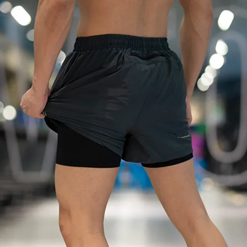 Calças de moletom masculinas 2 em 1, novas calças de corrida, fitness, musculação, treino, secagem rápida, shorts de praia, shorts de corrida, calças de dois andares