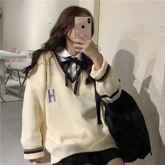 Japanese School Uniform Preppy Style Sweater Women 2022 Autumn New Korean Fashion Loose Simple V-neck Casual School Sweater