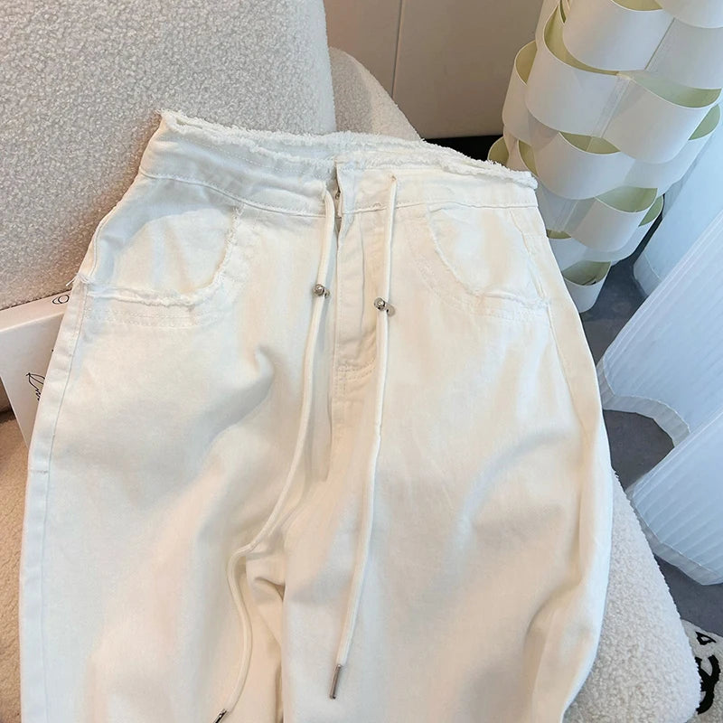 Bomon Design Waist Drawstring Adjustable Jeans For Women In Spring High Waist Loose Slim White Jeans Wide Leg Mopping Pants