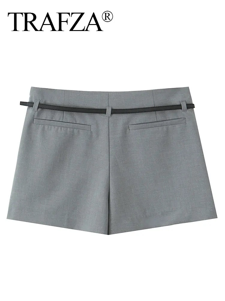 TRAFZA Moda Feminina Culottes A-Line Slim Lateral Zíper Fly Mini Shorts Feminino Selvagem Com Cintos Mulher Saia Plissada Calça Curta Y2k