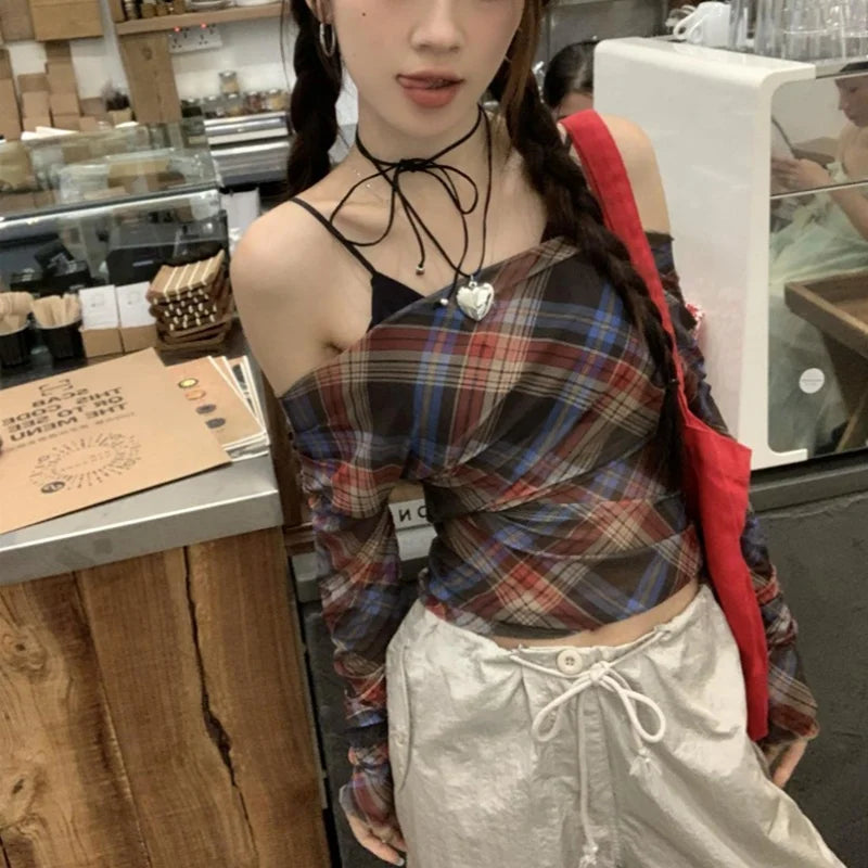 Xingqing y2k Tops Women Grunge Fairycore Clothing Plaid Print Off Shoulder Long Sleeve Mesh T Shirts 2000s Clothes Streetwear