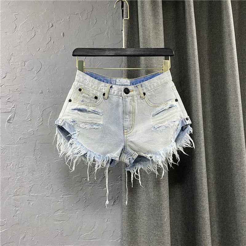 2025 New Summer Women's Sexy Low-waisted Jeans Denim Shorts Hole A Wide-leg Pants Ripped Jeans 4 colors