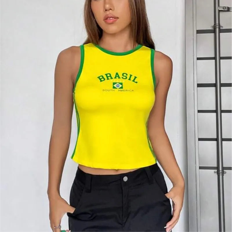 Brazil Football Soccer Jerseys Uniform National Team Fans Club Letter Print Streetwear Slim Y2K Crop Top Women Football Vest Top