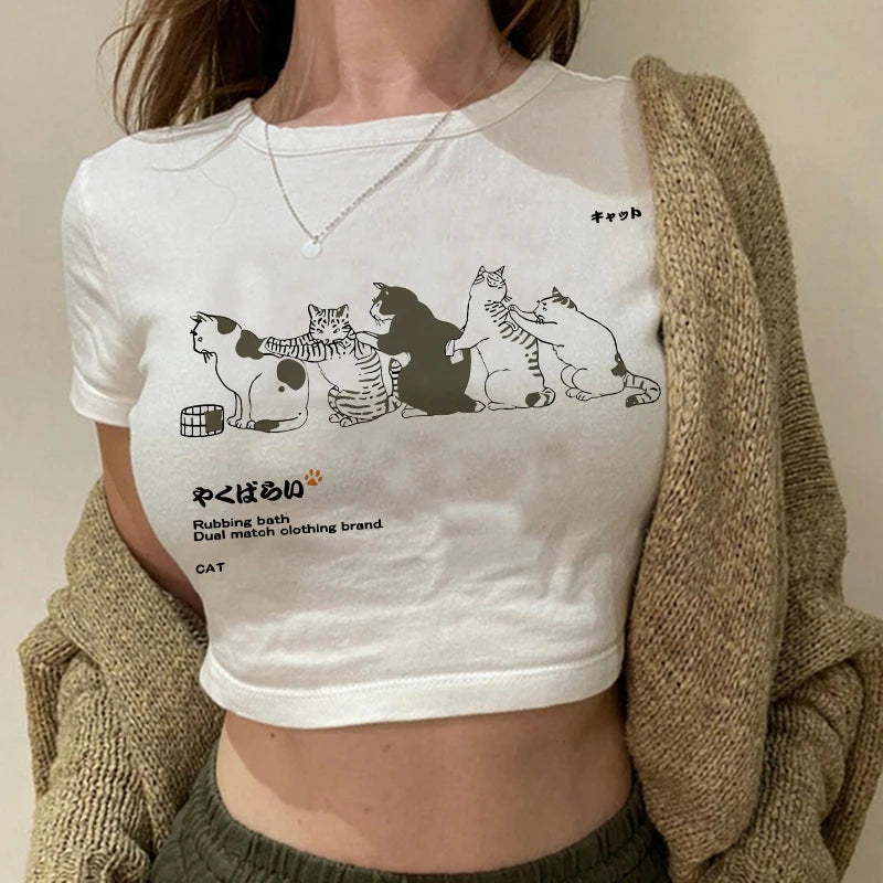 Women 2000s Sweet Funny Cat T Shirt Crop Top Women Shirt Cropped Ulzzang T-shirt 90s Tshirt Top Tee Female Gothic Shirt