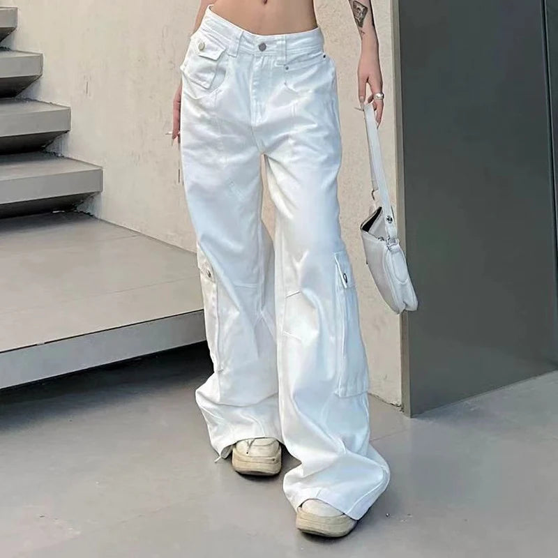 Fashion Baggy Cargo Long Pants Women Y2K American Vintage Streetwear Wide Leg Straight Trouser Casual Distressed Female Bottom