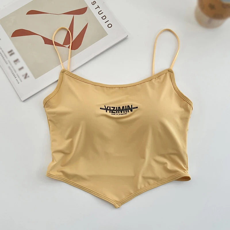 Summer Ice Silk Sling Camisole For Women With Built In Bra Letter Print Slim Wrapped Chest Sexy Casual Versatile Crop Top