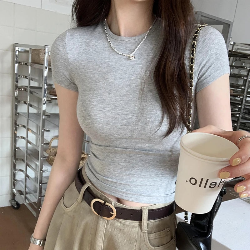 New Fashion Sheathy Short Sleeve T-shirts Womens Casual O-neck Slim Crop Top Ladies Solid Color Basic Summer Tees Tops