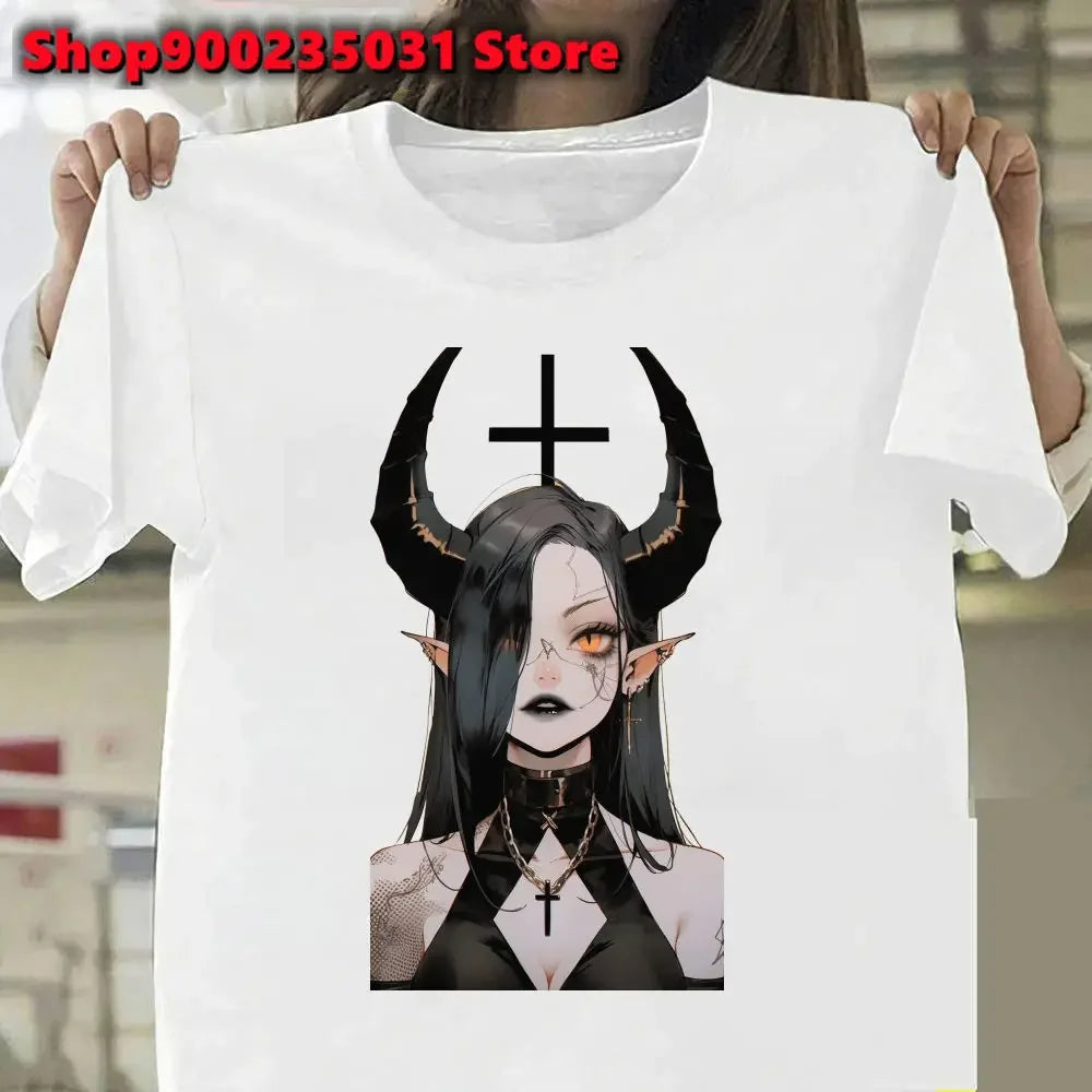 New Pink Demon Girl T-Shirt Streetwear Y2k Graphic Angel T-Shirt Harajuku Summer Women Aesthetic Oversized Outfit Tee Shirt