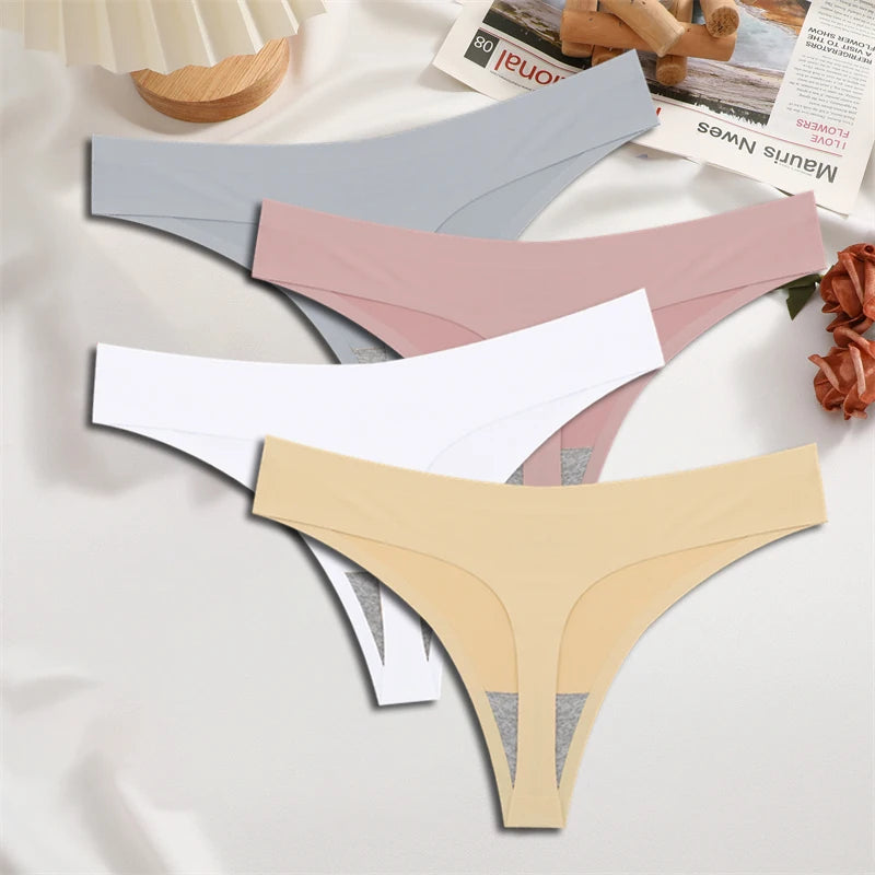 FINETOO 4PCS Silk Satin Seamless Underwear Low Waist Thongs Sexy Solid Color Bikini Underpants Female Stretch Intimates Lingerie