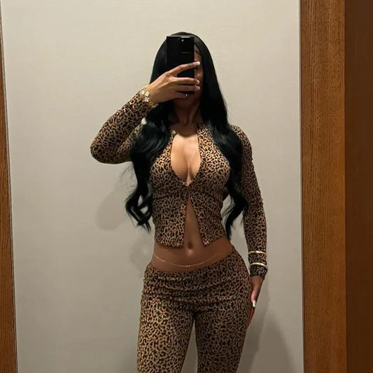 2024 Outono Malha Leopardo Slim Casual 2 Peças Conjunto Feminino Único Breasted Manga Longa Top Curto Cintura Baixa Calças Skinny Streetwear