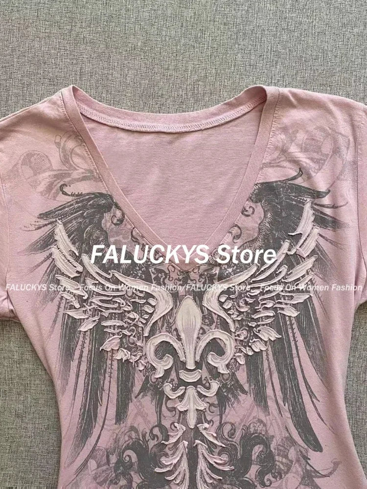 2024 Summer Y2k Harajuku Tshirts for Women V-neck Short Sleeve Tunic Camisetas Pink Print Tees Crop Tops Casual Chic Y2k T-shirt