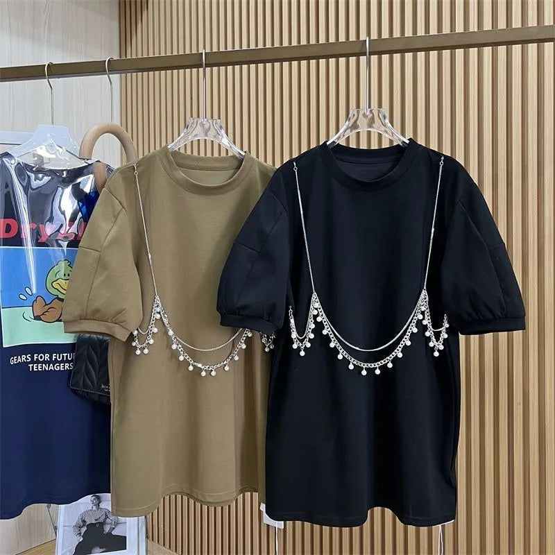 Neploe Oversize All-match O-neck Tops Women Y2k Heavy Chains Mid-length T-shirts Summer New Puff Sleeve Loose Tee Shirt