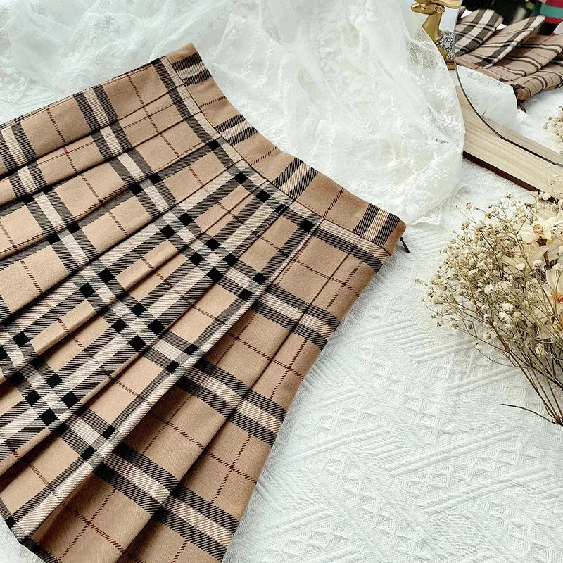 Plaid Stripes Skirt Women Korean High Waist Khaki All-Match Mini Skirt Sweet Girl Student Style Jk Uniform Pleated Skirt New