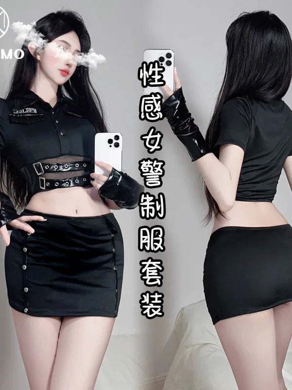 Sexy Women Leather Belt Zipper Design Erotic Nightclub Fashion Black Slim Top Uniform Sheer Role Playing Skirt Set Passion KXF6