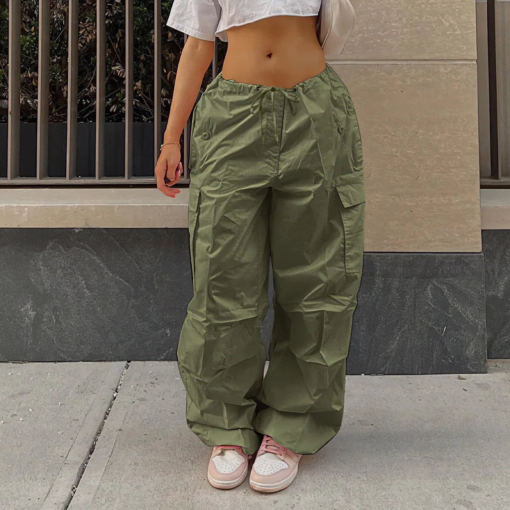 Calças femininas primavera outono sólidas calças soltas com cordão cintura baixa streetwear joggers baggy perna larga calças de moletom cargo