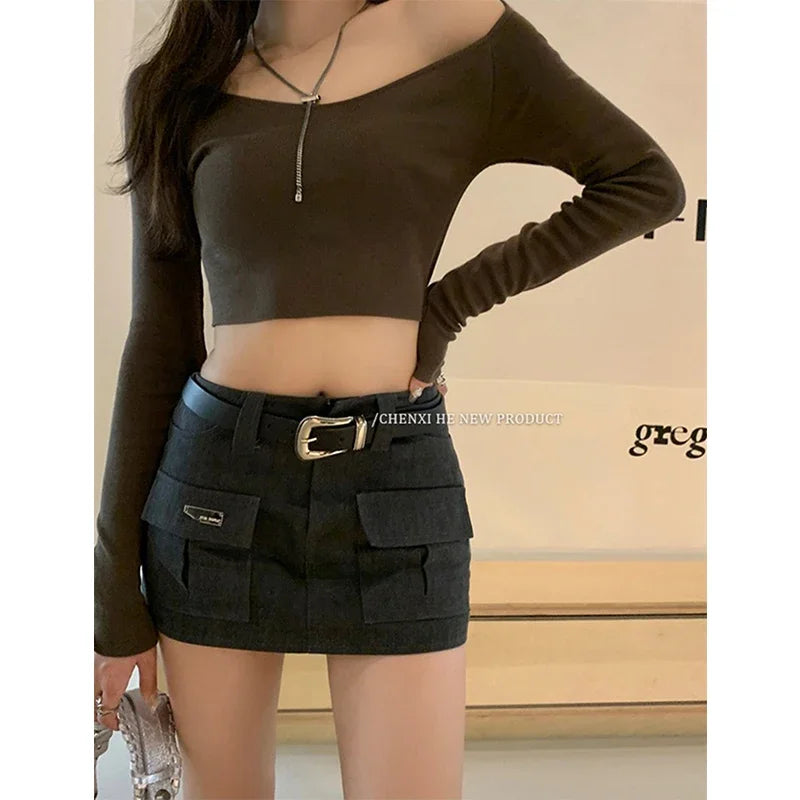 Y2K 2000S Cargo Mini Skirt Women Harajuku Vintage Belt Hip Wrap Skirts Summer Gothic Aesthetic Sexy Slim A Line Short Skirt New