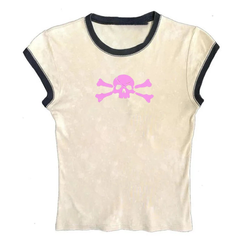 Y2K Crop Top Vintage short sleeve Tshirt Gothic Harajuku print pattern croptop skeleton Skull punk streetwear aesthetic EMO Girl