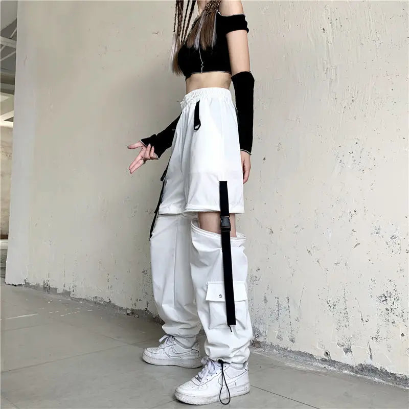 Streetwear Spring Summer Cargo Pants Women Harajuku Slim Punk Ribbons Joggers Elastic Waist Ankle-Length Trousers For Girls