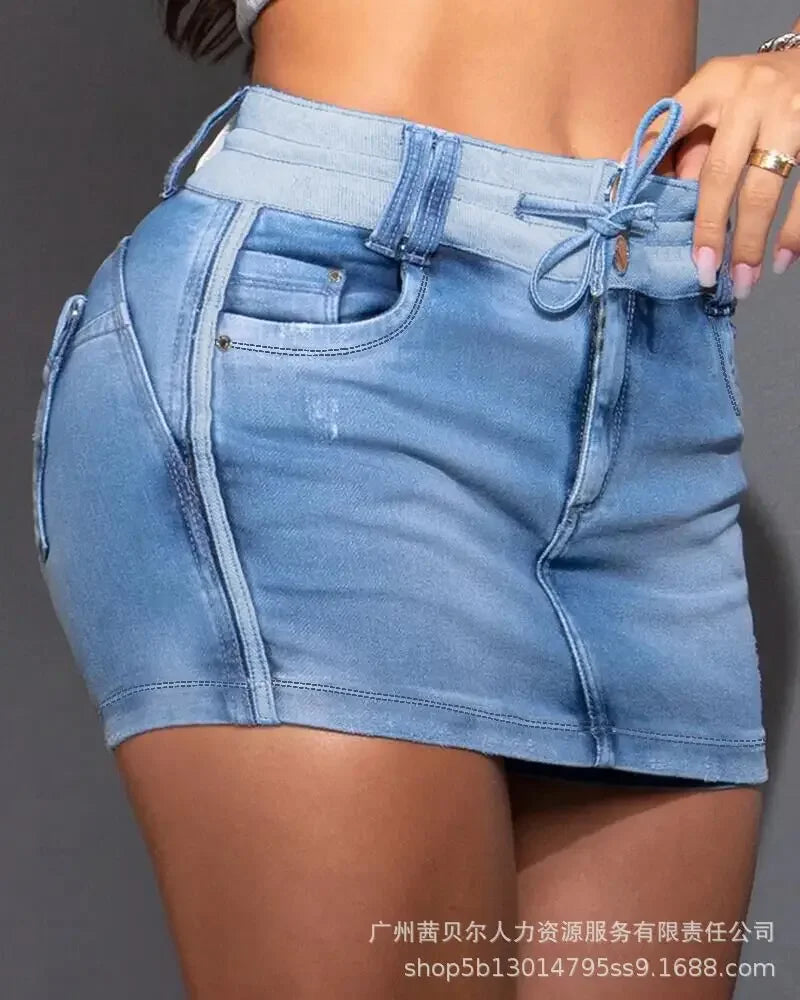 Binding Ripped Drawstring Denim Culottes Women Y2k Mini Shorts Party Club Lace Up Sexy Blue Skirts Streetwear Summer Culottes