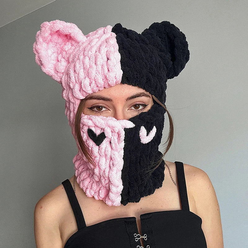 Cute Cat Ear Knitted Hat Beanie with Pom Pom Ball Winter Warm Full Face Ski Facewear Caps Windproof Hat for Girls and Women