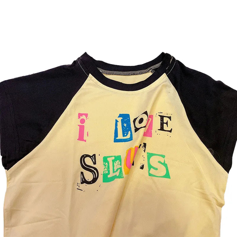 A summer yellow street style short tight slim spliced letter printed girl T-shirt